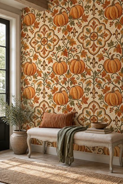 Pumpkin Medallion Wallpaper Vintage Mosaic Stone Background