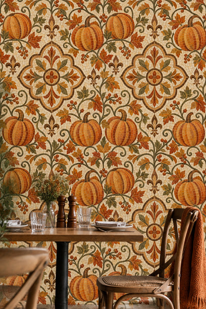 Pumpkin Medallion Wallpaper Vintage Mosaic Stone Background