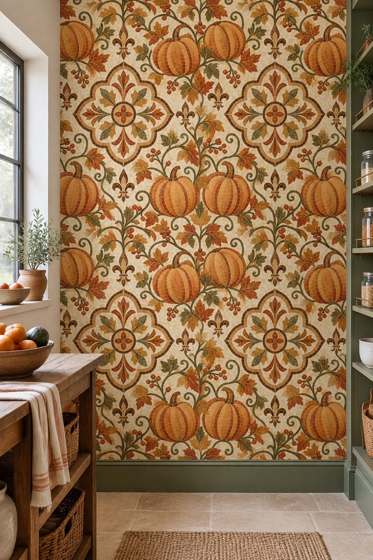 Pumpkin Medallion Wallpaper Vintage Mosaic Stone Background