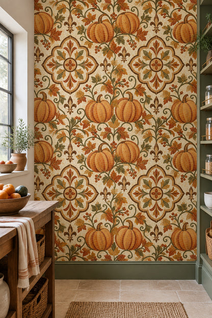 Pumpkin Medallion Wallpaper Vintage Mosaic Stone Background