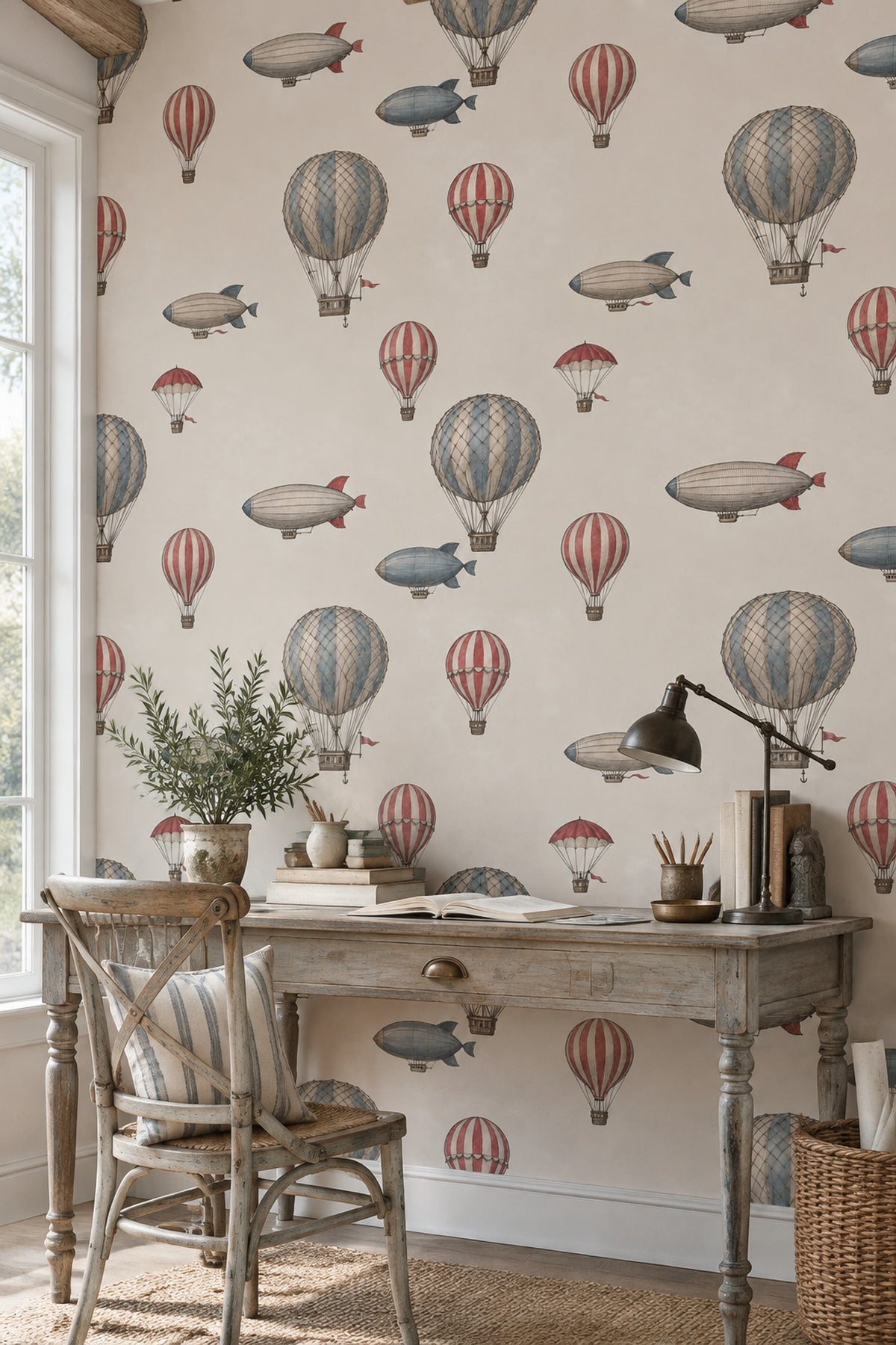 Hot Air Balloons Wallpaper Vintage Aviation Cream Background