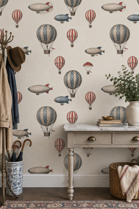 Hot Air Balloons Wallpaper Vintage Aviation Cream Background