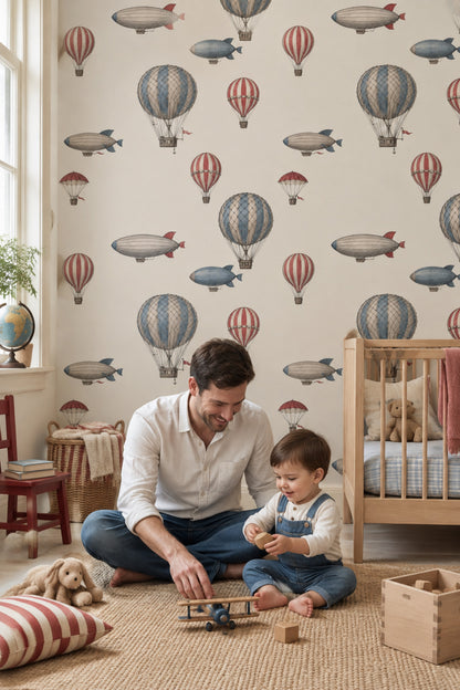 Hot Air Balloons Wallpaper Vintage Aviation Cream Background