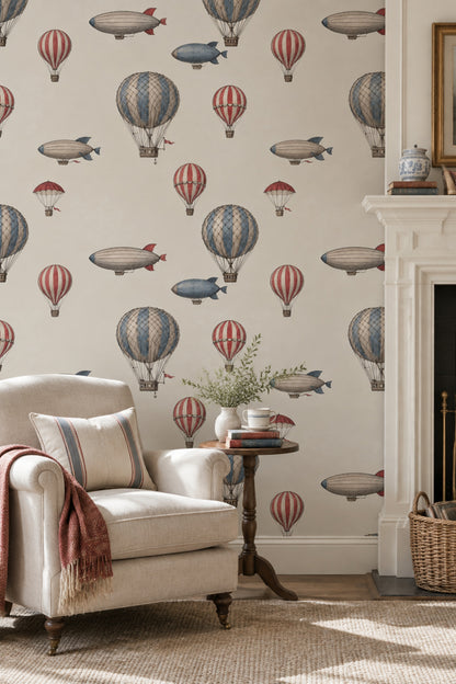Hot Air Balloons Wallpaper Vintage Aviation Cream Background