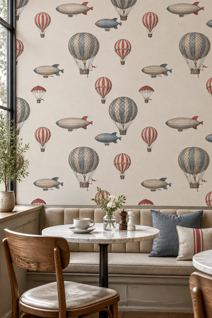 Hot Air Balloons Wallpaper Vintage Aviation Cream Background
