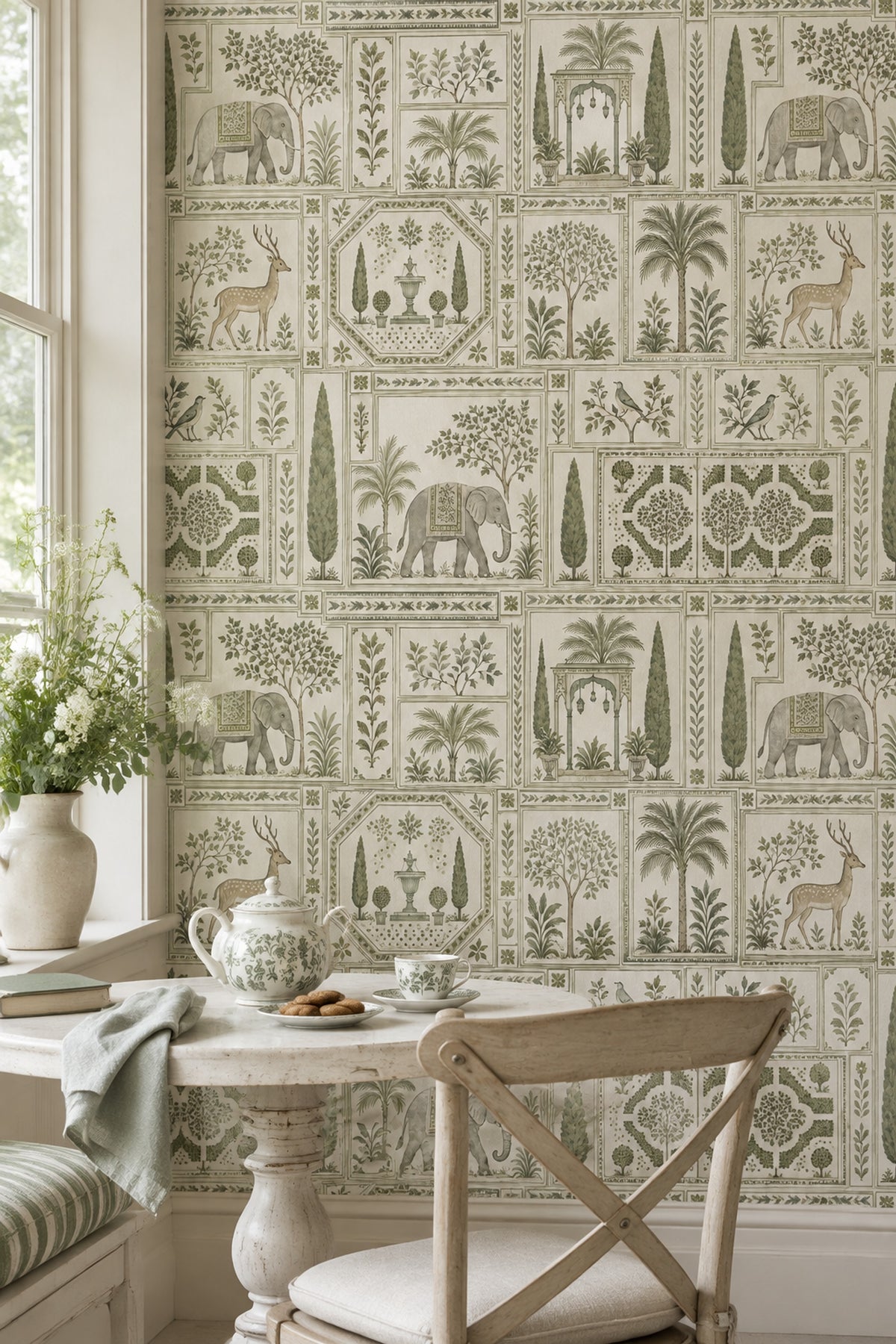 Elephant Wallpaper Sage Green Toile Botanical Garden