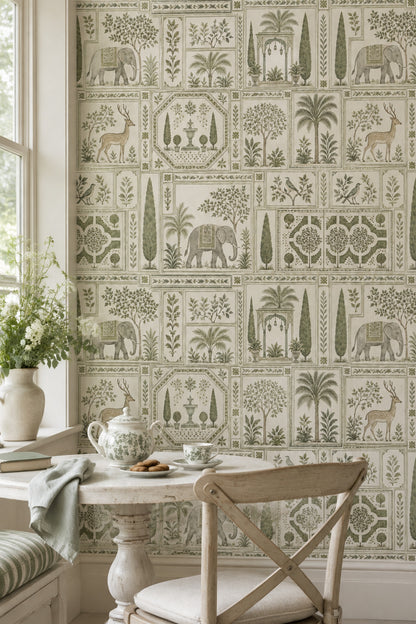 Elephant Wallpaper Sage Green Toile Botanical Garden