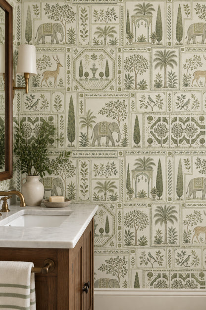 Elephant Wallpaper Sage Green Toile Botanical Garden