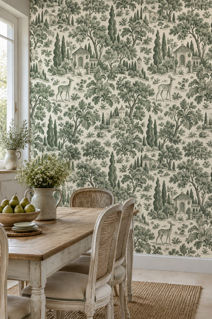 Tuscan Landscape Wallpaper Green Toile