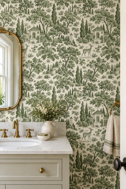 Tuscan Landscape Wallpaper Green Toile