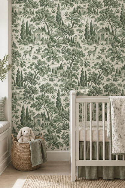 Tuscan Landscape Wallpaper Green Toile