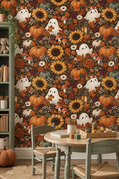 Halloween Ghosts Wallpaper Vintage Harvest Floral