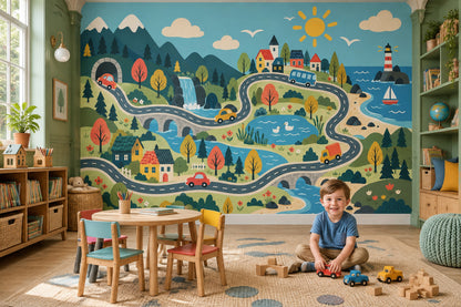Kids Road Trip Map Wallpaper Sunny Sky Adventure Wall Mural