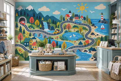 Kids Road Trip Map Wallpaper Sunny Sky Adventure Wall Mural