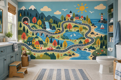 Kids Road Trip Map Wallpaper Sunny Sky Adventure Wall Mural