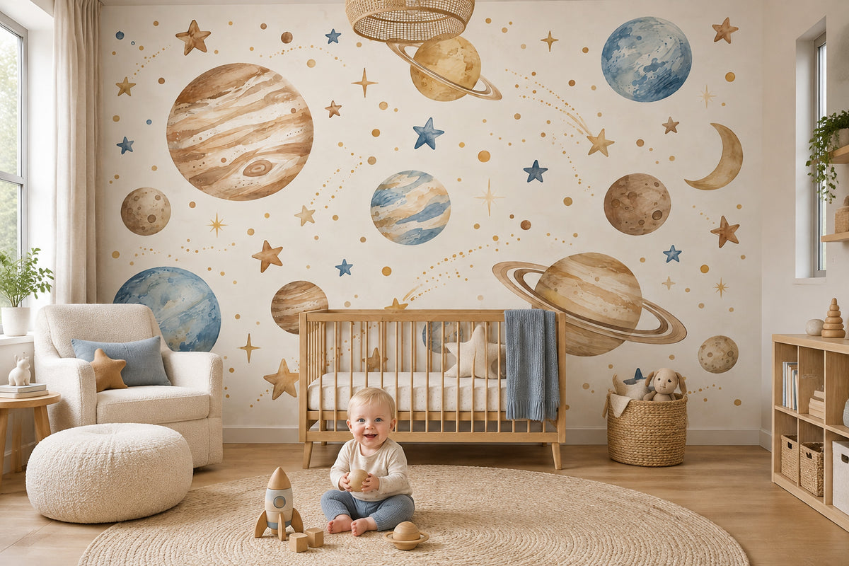 Watercolor Planets Wallpaper Whimsical Space Wall Mural