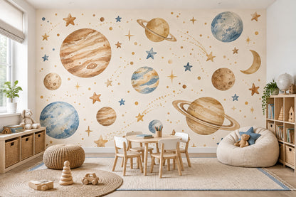 Watercolor Planets Wallpaper Whimsical Space Wall Mural
