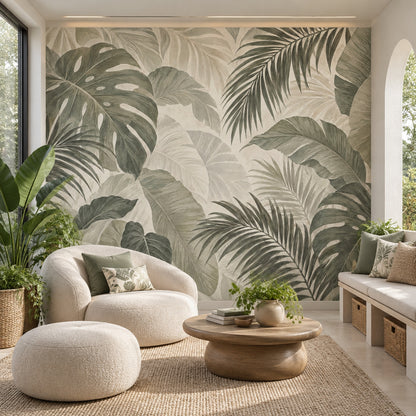 Tropical Leaf Wallpaper Muted Green Botanical Wall Mural
