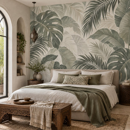 Tropical Leaf Wallpaper Muted Green Botanical Wall Mural