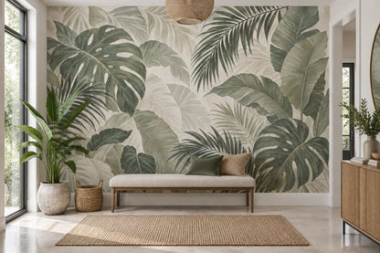 Tropical Leaf Wallpaper Muted Green Botanical Wall Mural