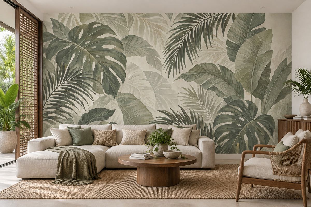 Tropical Leaf Wallpaper Muted Green Botanical Wall Mural