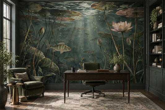 Water Lilies Pond Wallpaper Vintage Watercolor Wall Mural