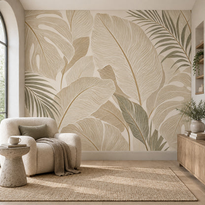 Tropical Leaves Wallpaper Neutral Botanical Wall Mural