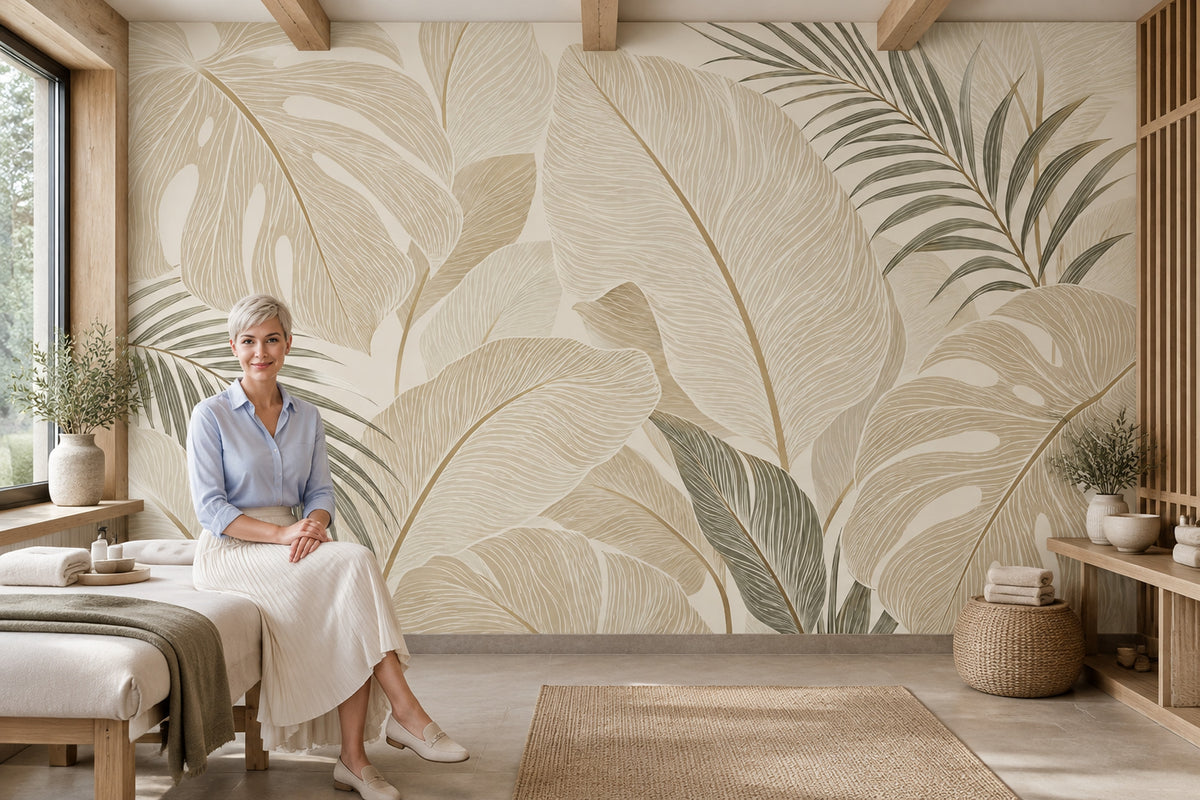 Tropical Leaves Wallpaper Neutral Botanical Wall Mural