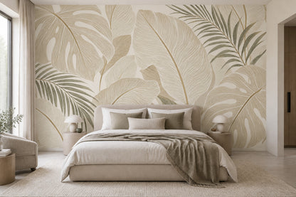 Tropical Leaves Wallpaper Neutral Botanical Wall Mural