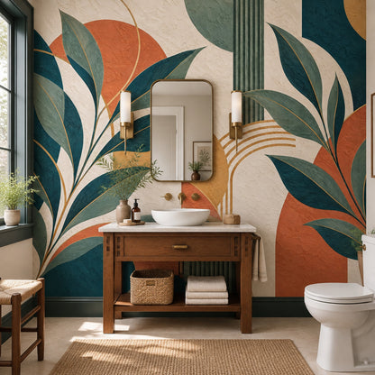 Abstract Botanical Leaves Wallpaper Art Deco Geometric Wall Mural