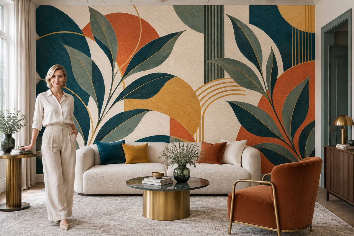 Abstract Botanical Leaves Wallpaper Art Deco Geometric Wall Mural