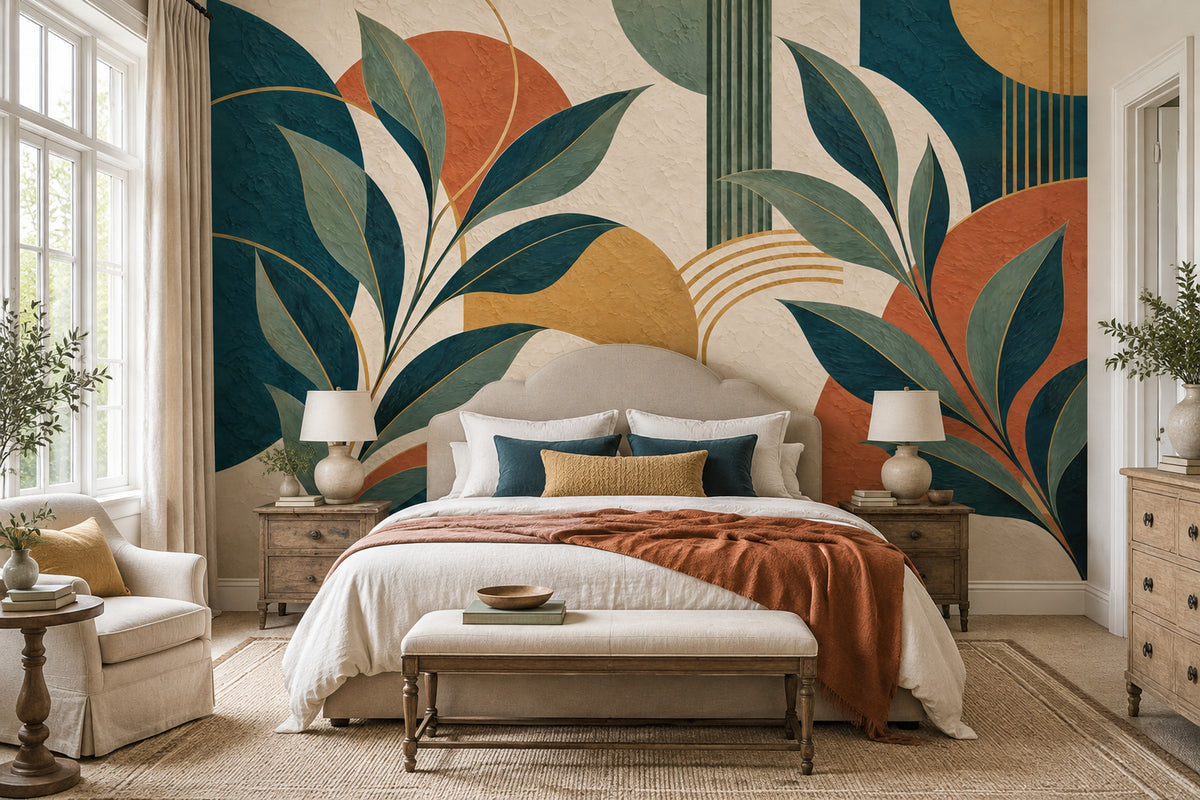 Abstract Botanical Leaves Wallpaper Art Deco Geometric Wall Mural