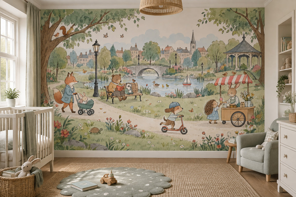 Storybook Park Animals Wallpaper Watercolor Illustration Wall Mural