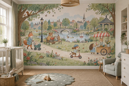 Storybook Park Animals Wallpaper Watercolor Illustration Wall Mural