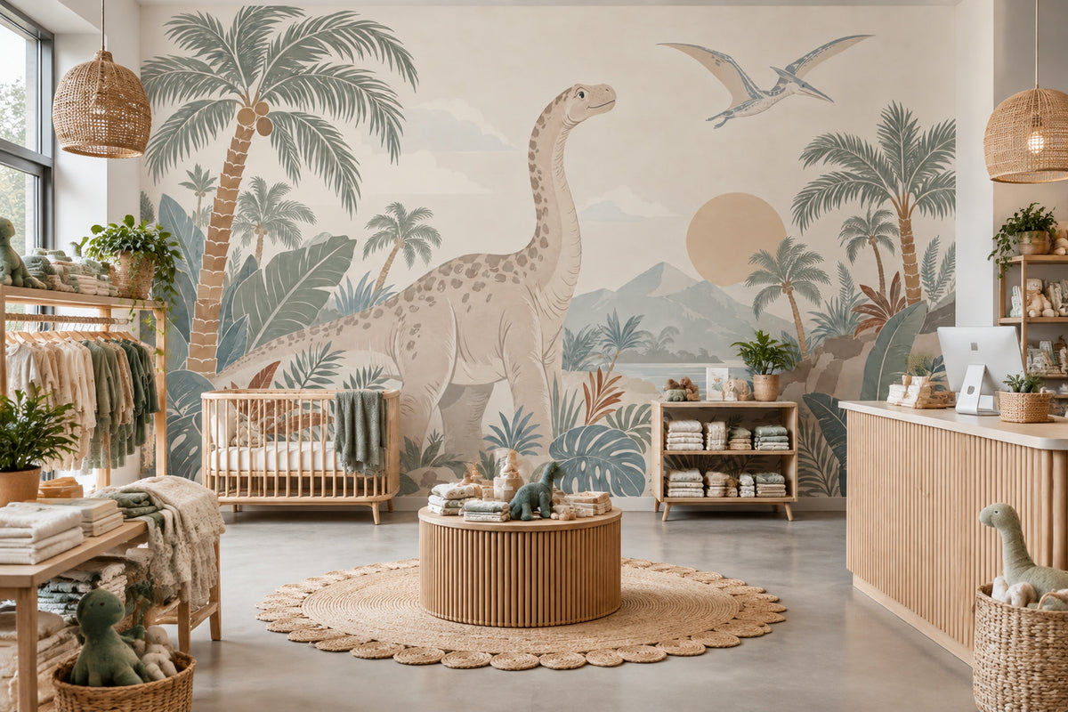 Pastel Dinosaur Landscape Wallpaper Tropical Nursery Wall Mural