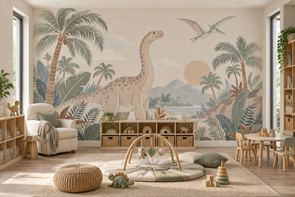 Pastel Dinosaur Landscape Wallpaper Tropical Nursery Wall Mural