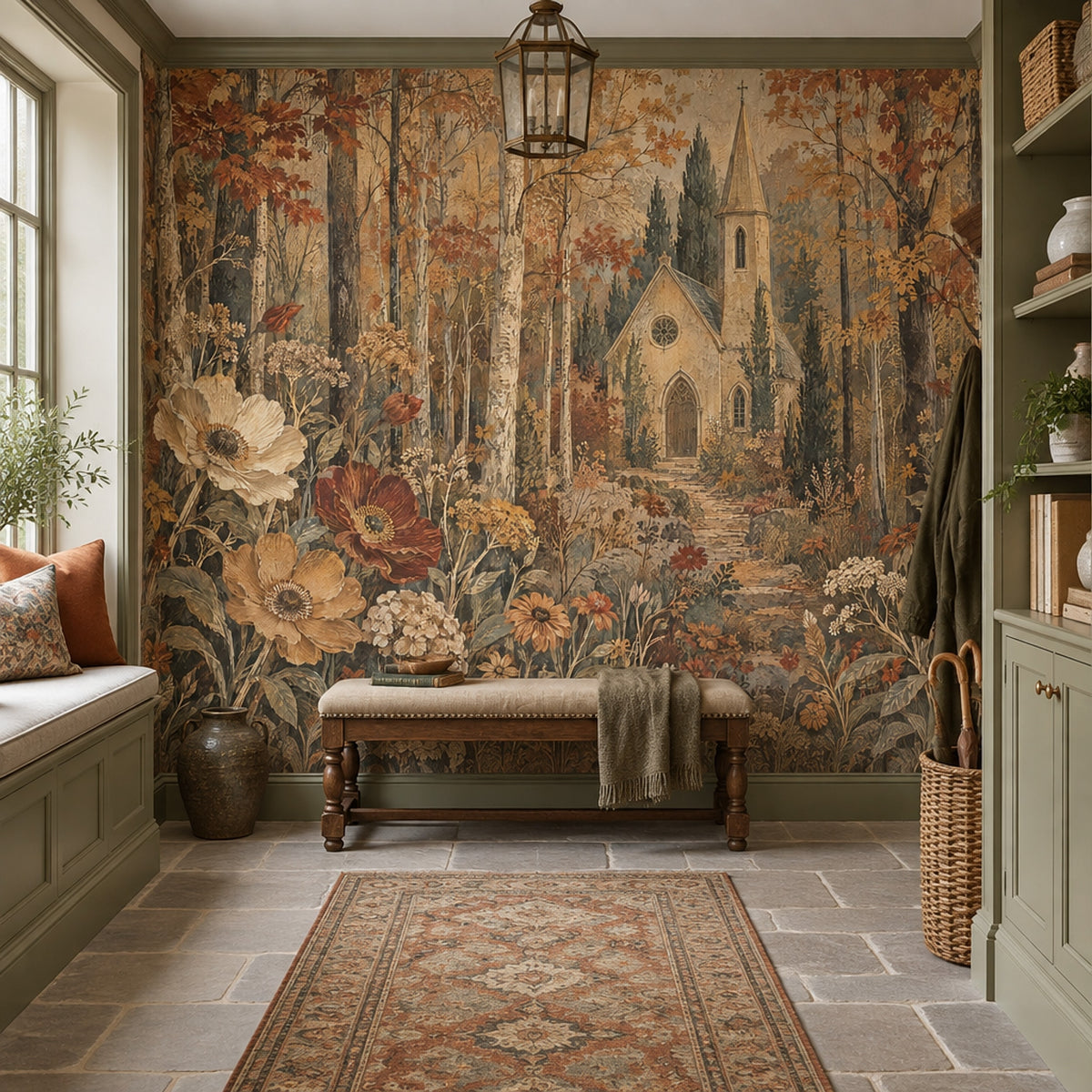Autumn Forest Chapel Wallpaper Vintage Botanical Wall Mural
