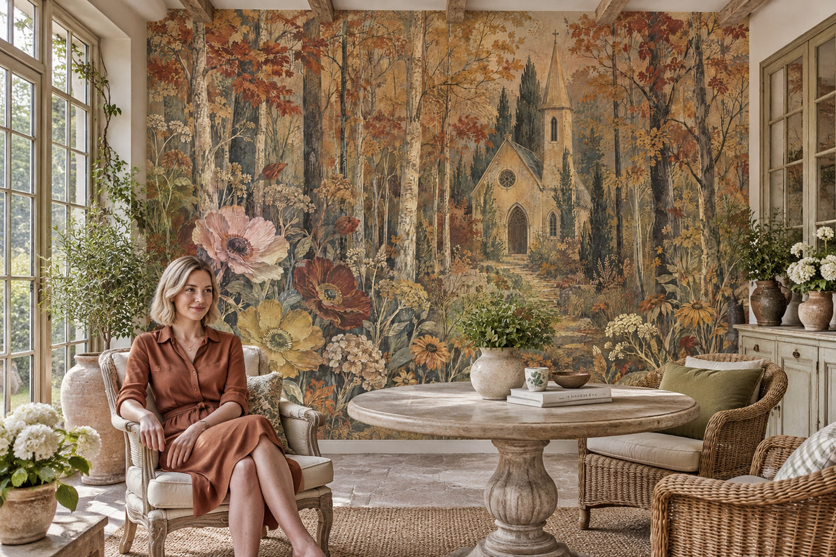 Autumn Forest Chapel Wallpaper Vintage Botanical Wall Mural