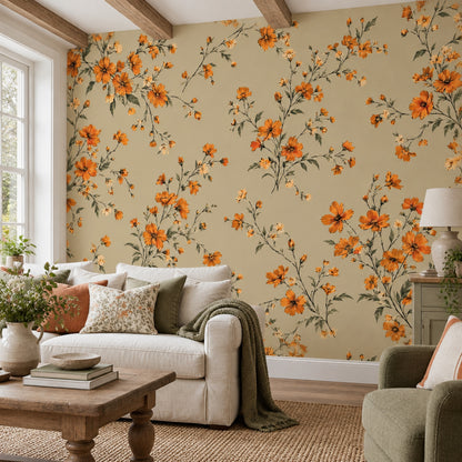 Vintage Wildflower Bouquet Wallpaper Beige Botanical Wall Mural