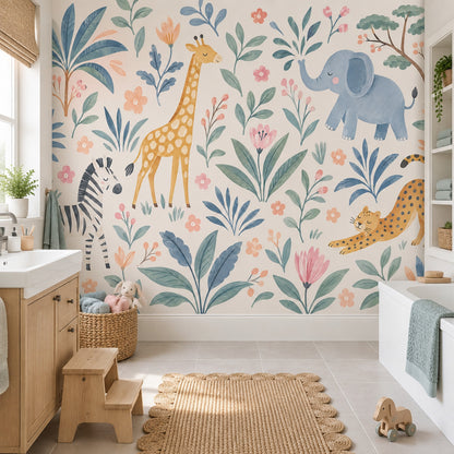 Watercolor Safari Animals Wallpaper Pastel Jungle Wall Mural