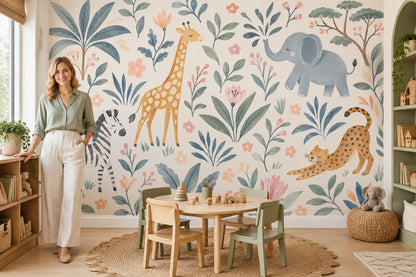 Watercolor Safari Animals Wallpaper Pastel Jungle Wall Mural