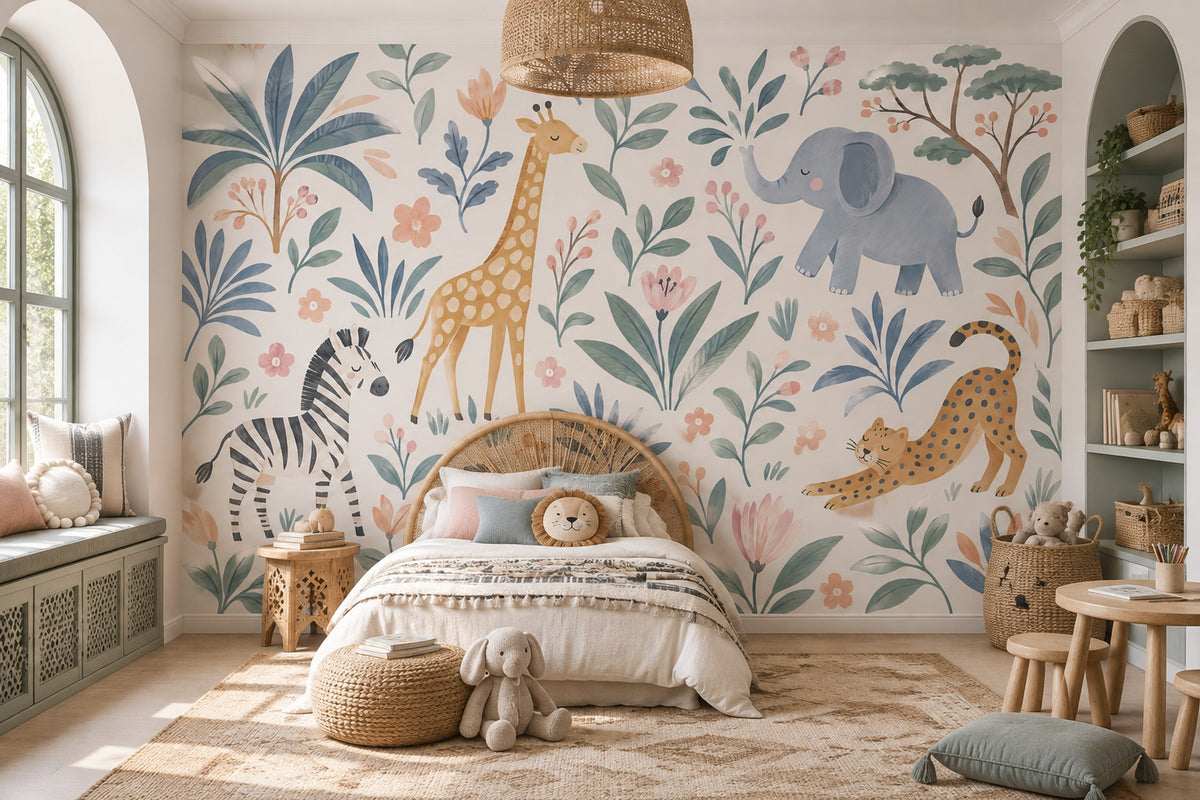 Watercolor Safari Animals Wallpaper Pastel Jungle Wall Mural