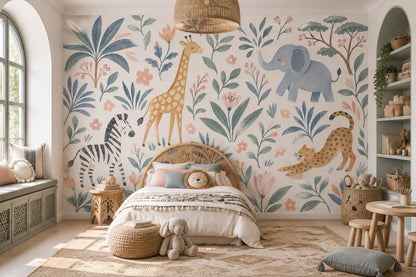 Watercolor Safari Animals Wallpaper Pastel Jungle Wall Mural