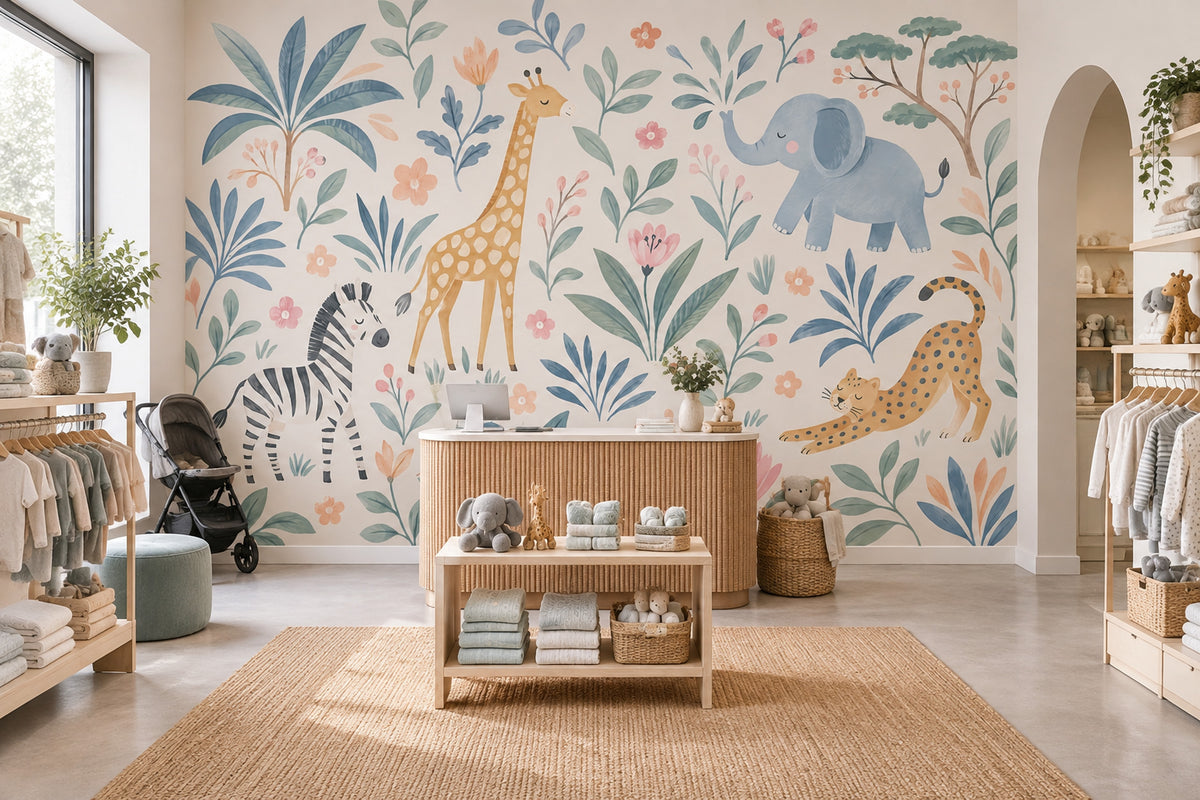 Watercolor Safari Animals Wallpaper Pastel Jungle Wall Mural
