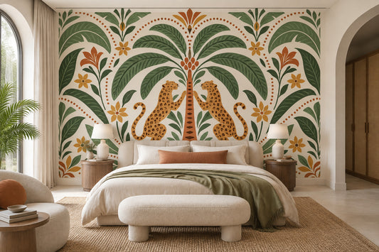 Leopard Pair Wallpaper Tropical Folk Art Wall Mural