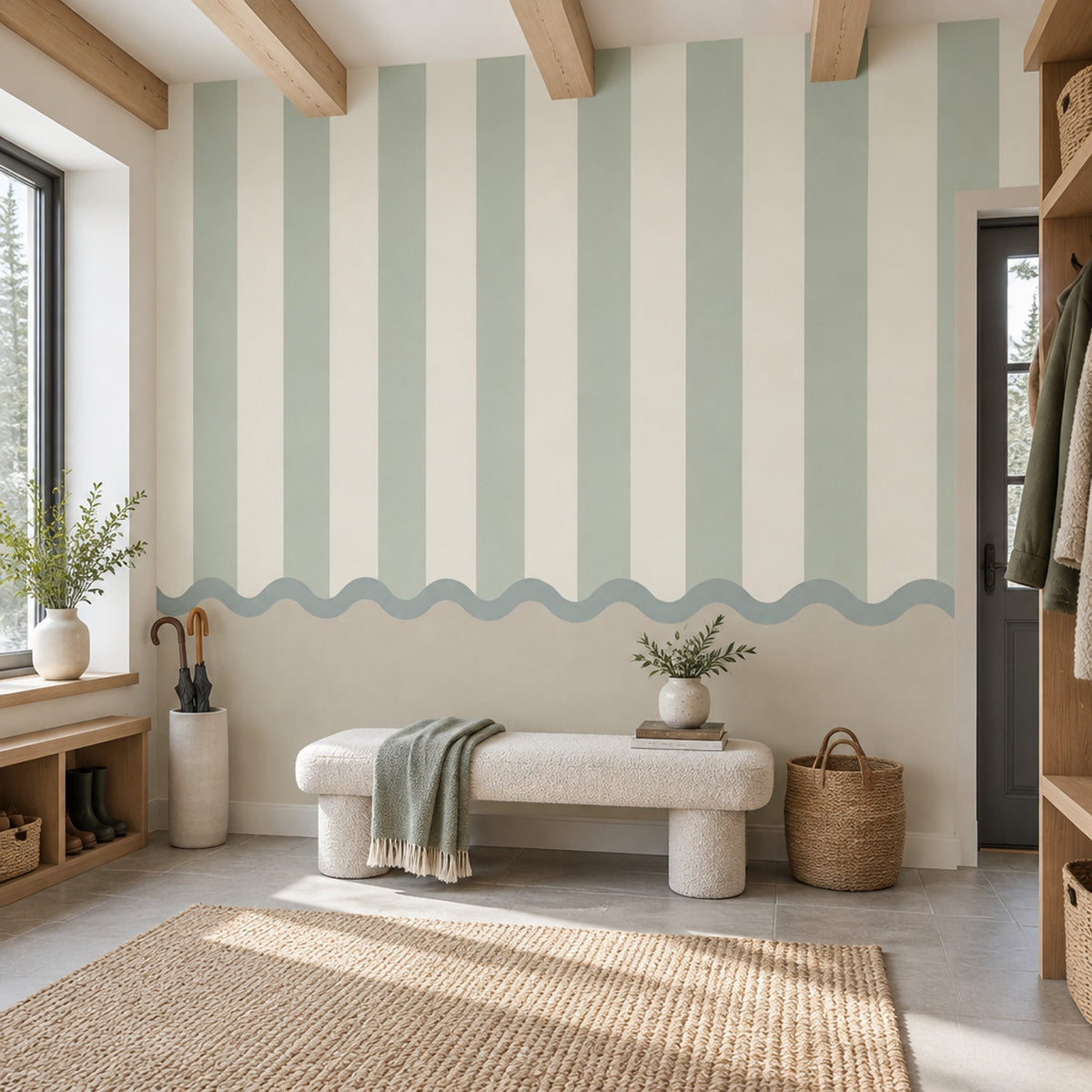 Vertical Stripes Wallpaper Scalloped Border Wall Mural
