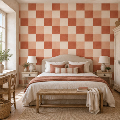 Terracotta Checkerboard Wallpaper Textured Mediterranean Wall Mural