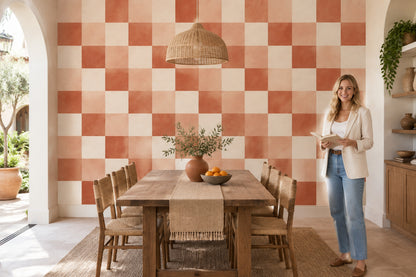 Terracotta Checkerboard Wallpaper Textured Mediterranean Wall Mural