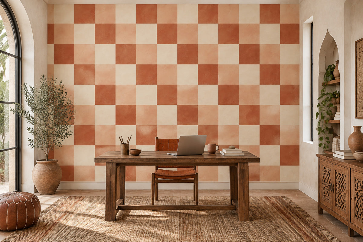 Terracotta Checkerboard Wallpaper Textured Mediterranean Wall Mural