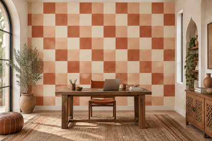 Terracotta Checkerboard Wallpaper Textured Mediterranean Wall Mural
